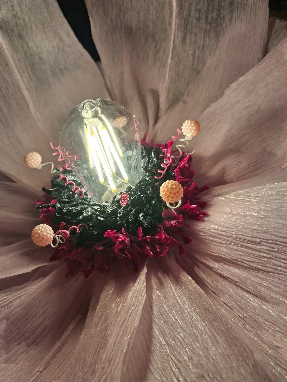 Handcrafted Giant Pink Italian Crepe Paper Flower Hanging Lamp, LED